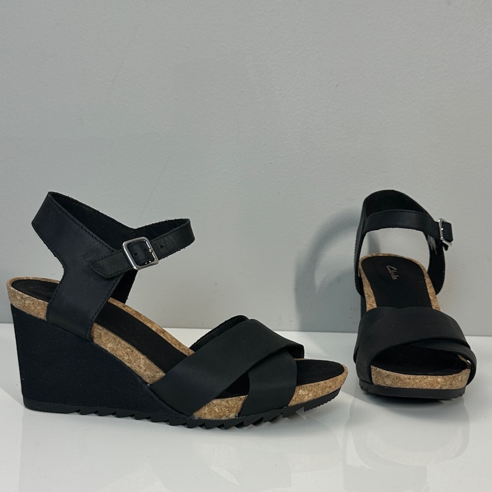 Clarks Flex Sun Black Wedge Sandals Size 10